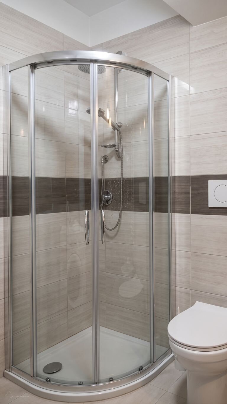 Bagno con doccia angolare in vetro e arredi caldi